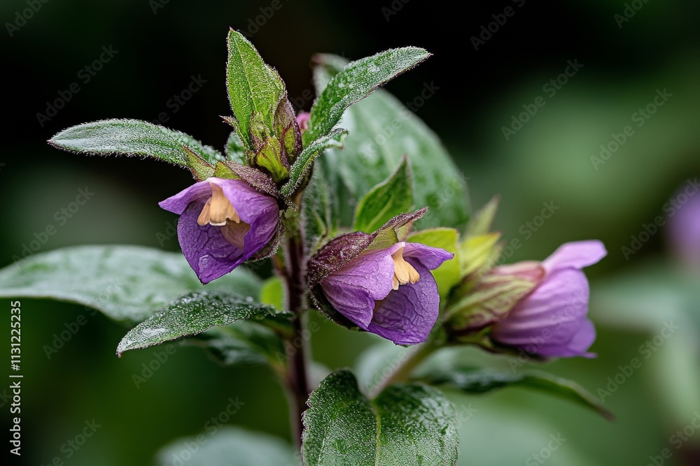 Wall mural Vibrant purple flowers bloom on lush green foliage in a garden setting during springtime