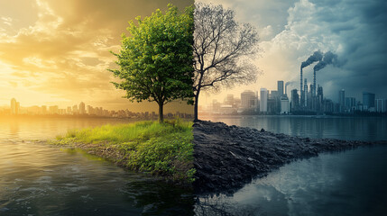 Split image of a healthy green natural world and an exploited industrial. A forest full of garbage and plastic waste is a broad flag for environmental and recycling concept. Ecology problems