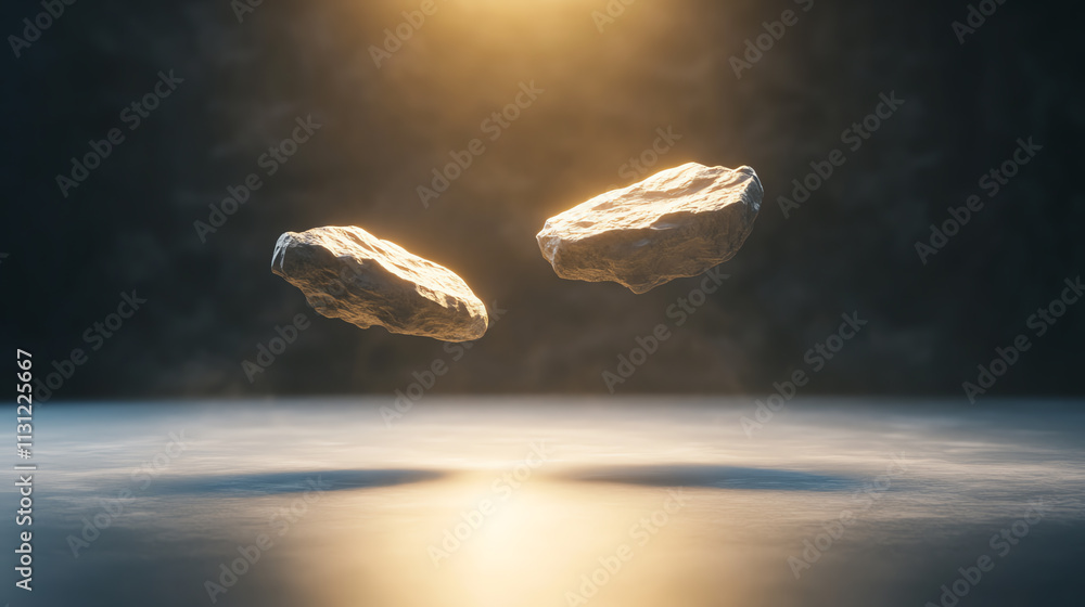 Poster suspended rocks illuminated by light creating a surreal and mystical atmosphere.