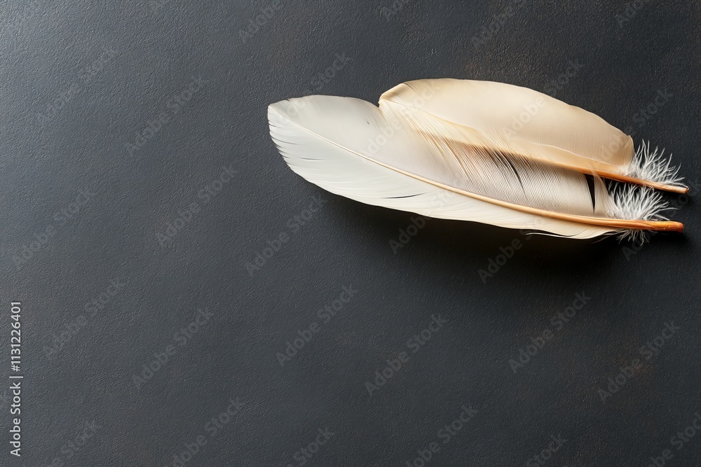 Poster elegant white feathers resting on a dark surface create a serene, minimalist composition