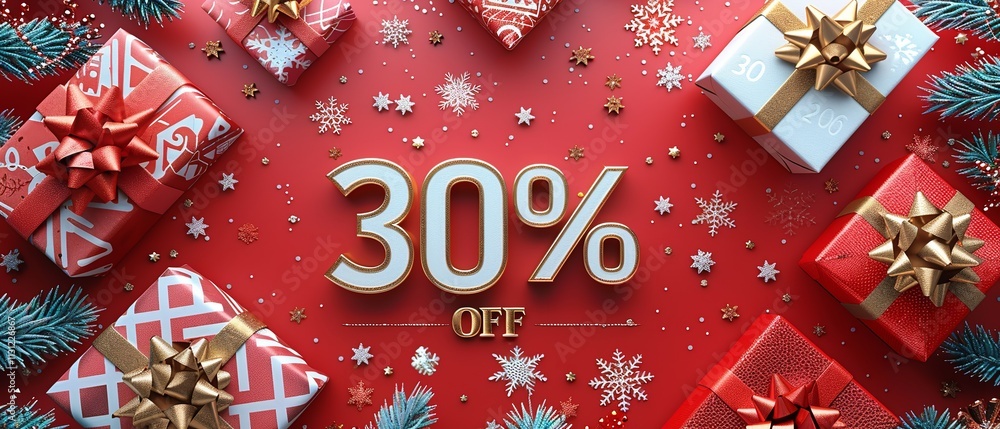 Poster festive shopping is occurring in this 3d winter scene consisting of snowflakes and presents over red
