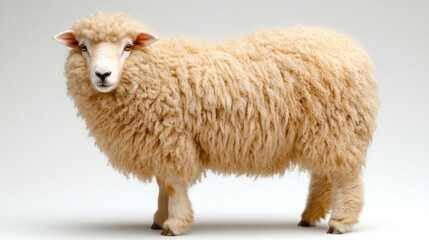 Obraz premium A light beige sheep, standing and facing forward against a plain white background.