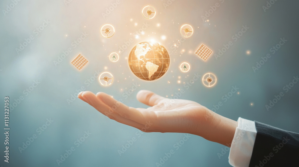 Poster hand extending towards glowing globe surrounded by digital icons, symbolizing global connectivity an
