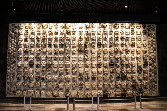 Mexico City, Mexico  November 12, 2024: The Huey Tzompantli or Great Skull rack at the Templo Mayor Museum in Mexico City.