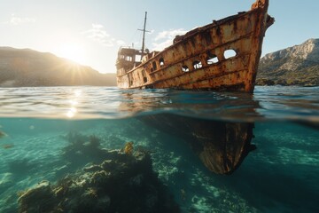 Naklejka premium Rusty shipwreck rests in calm water with mountain backdrop during golden hour in a coastal landscape
