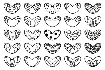 Set of 25 black and white heart shapes with graphic ornaments. Icons, coloring. Flat style design element. Symbol of love. Valentine.