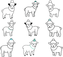 Fototapeta premium line art lamb bundle in winter hat