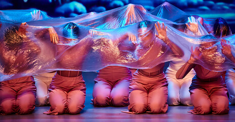 Dancers Performing Behind a Transparent Curtain On Stage Under Blue Light