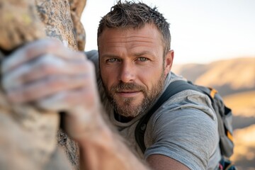 Climber scales rocky terrain at sunset, showcasing determination and strength in natural landscape