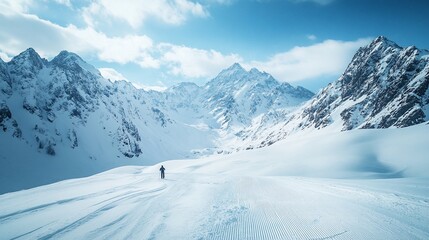 Obraz premium Lone skier traversing a pristine snowy mountain landscape under a bright blue sky.