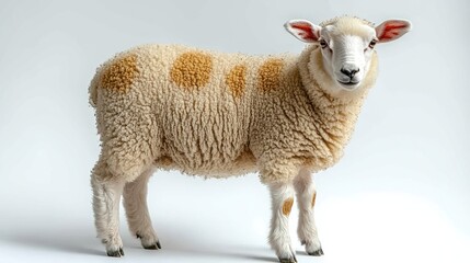 Fototapeta premium A young, spotted sheep stands against a white background.