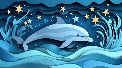 graceful dolphin swims through ocean of vibrant blue waves and stars, creating serene underwater scene filled with tranquility and beauty