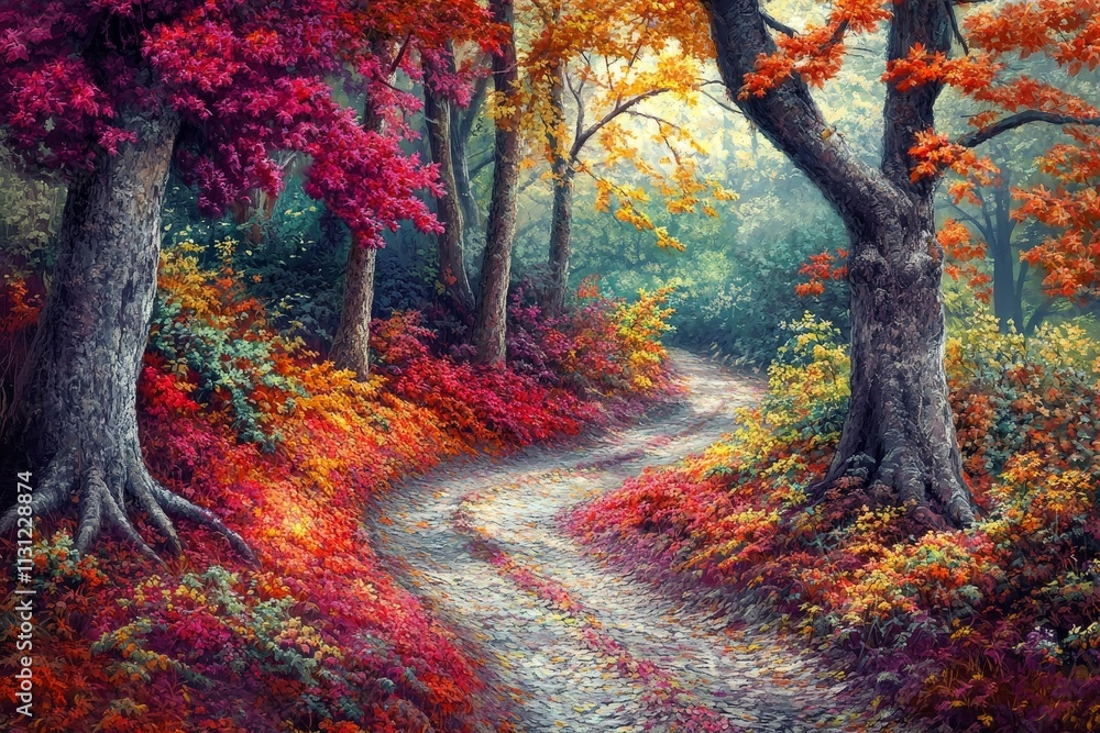 Poster winding path through vibrant autumn forest with colorful leaves and trees.
