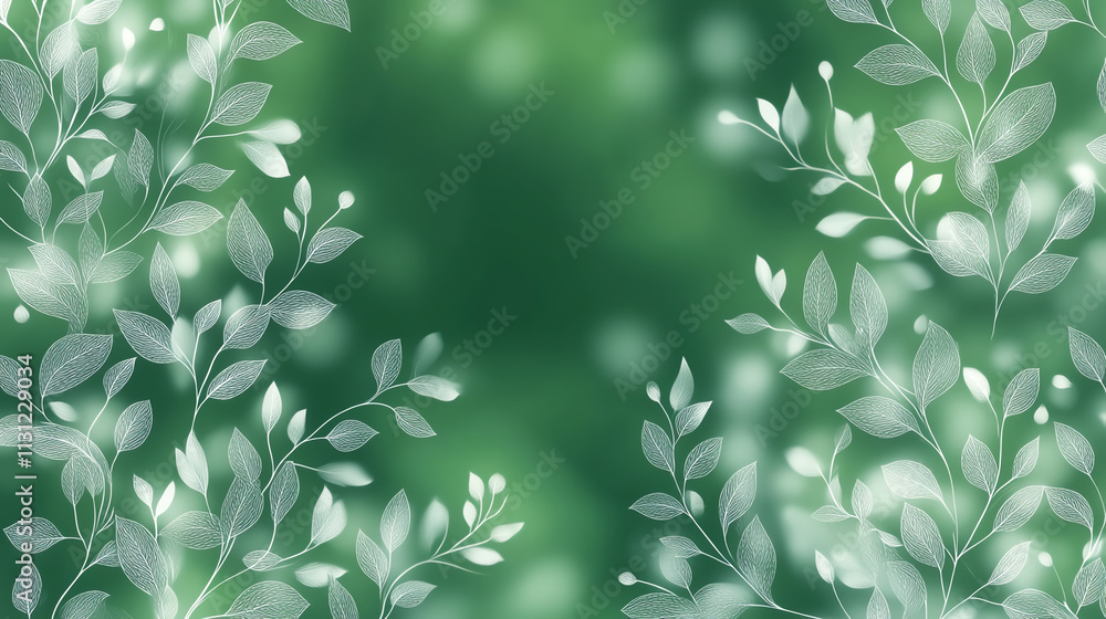 Poster elegant green foliage background with soft bokeh effects for a calming atmosphere.