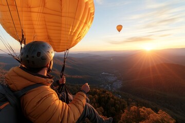 Obraz premium Colorful hot air balloons soar above a picturesque landscape during sunset over the mountains