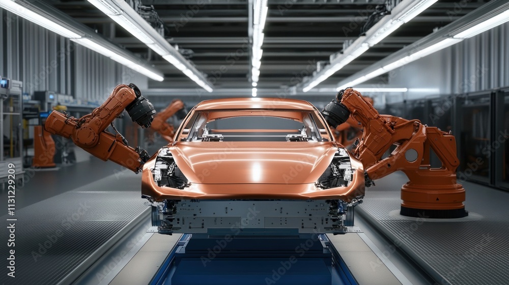 Poster robots assembling electric vehicles in an advanced automobile factory assembly line
