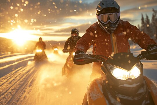 Snowmobiling adventure at sunset in a snowy landscape with friends enjoying winter sports together