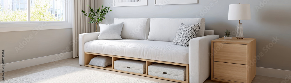 Poster cozy sofa with built in storage, perfect for small spaces and modern design. light color and natural