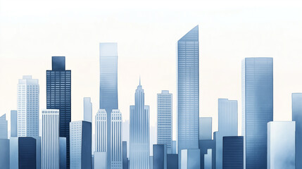 Watercolor skyscrapers in gradient blue and gray hues, minimalistic and modern style, perfect for real estate or corporate branding