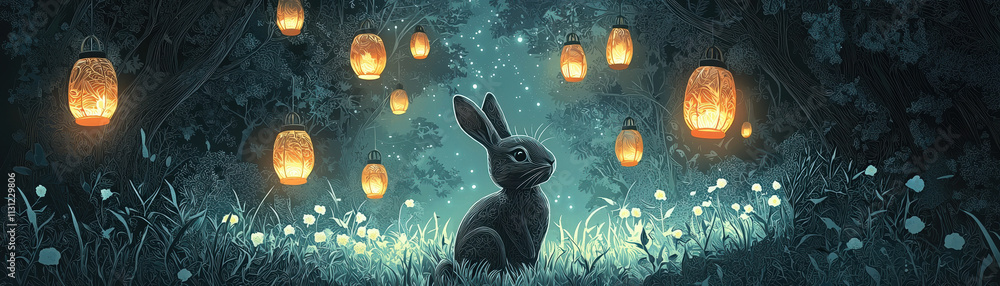 Aufkleber whimsical rabbit surrounded by glowing lanterns in magical forest. serene atmosphere is enhanced by 