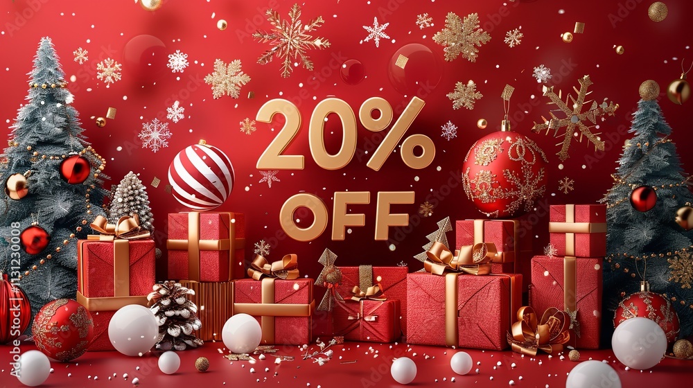 Poster festive shopping is occurring in this 3d winter scene consisting of snowflakes and presents over red