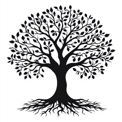 Obraz premium Black silhouette of a large tree with detailed roots and leaves.
