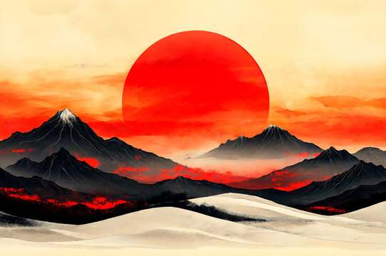 Sunset over Japanese mountains with vibrant red hues and serene desert foreground.  .