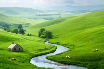 Obraz premium Tranquil Pastoral Landscape with Flowing Stream Green Meadow and Distant Hills