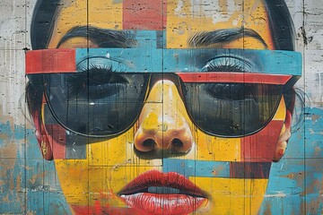 Close-up of a colorful mural depicting a woman wearing sunglasses.