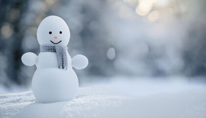 Snowman with a carrot nose, hat, scarf, coal buttons and stick arms standing outside on a winters day. Concept of winter, snow and childhood. Shallow field of view.