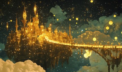 Obraz premium Golden Celestial Castle Atop Clouds Reflecting in Night Sky