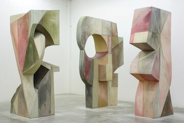 Abstract Geometric Sculptures in Modern Gallery