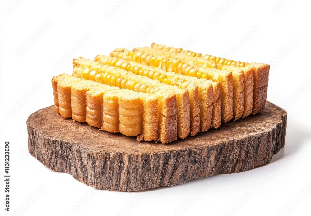 Poster a close-up view of sliced delicious bread with unique texture displayed on a rustic wooden board for