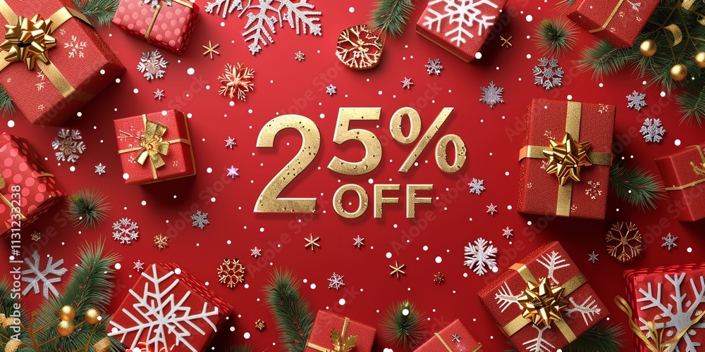 Poster festive shopping is occurring in this 3d winter scene consisting of snowflakes and presents over red