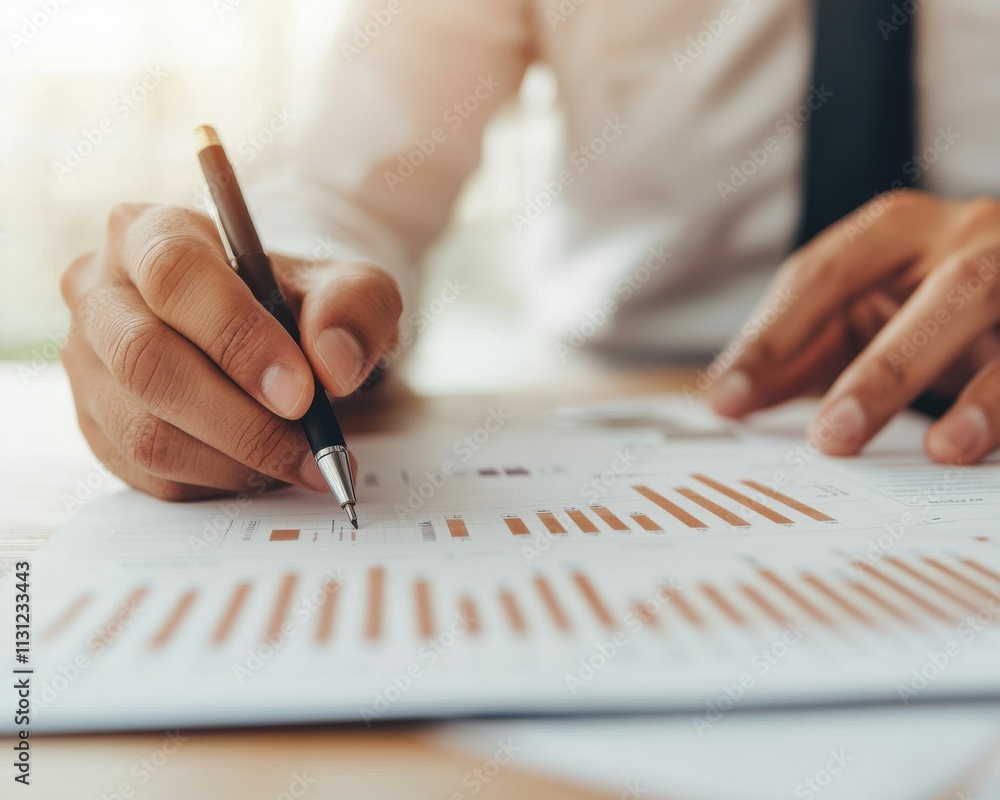 Poster a business professional analyzing financial reports and charts while taking notes in a modern office