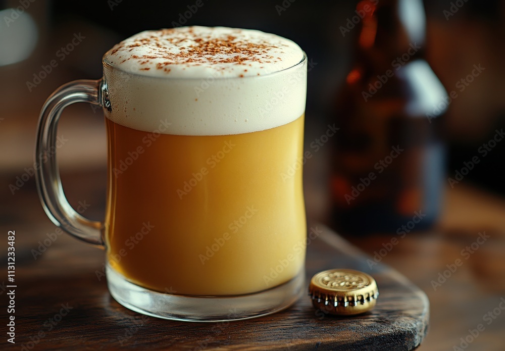 Poster a refreshing glass of creamy beer with frothy foam topped with cinnamon on a wooden table with a bot