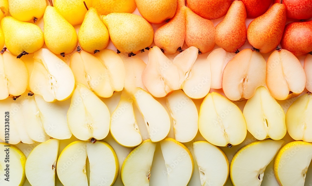 Poster colorful pears arranged in gradient rows whole and sliced