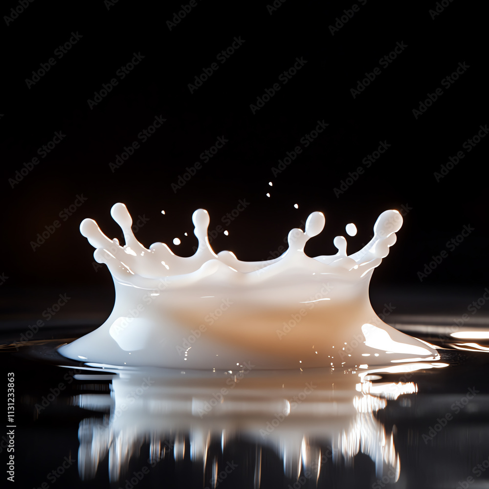 Poster a close-up of a milk splash creating an artistic and refreshing effect.