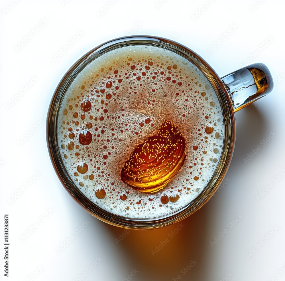Poster aerial view of a cold beer filled mug with creamy foam and bubbles on a bright surface capturing ref