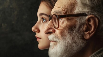 Grandfather and granddaughter: an image on the theme of old age and youth, family, love, generational change, the transience of time. Old age, youth, family values