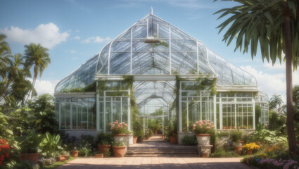 Obraz premium A large glass greenhouse with plants, flowers, and terracotta pots. A paved path leads inside.