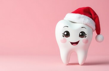 Cartoon tooth drawn on a pink background, smiling, wearing a santa hat, banner, space for text. Concept of Happy New Year and Merry Christmas in dentistry