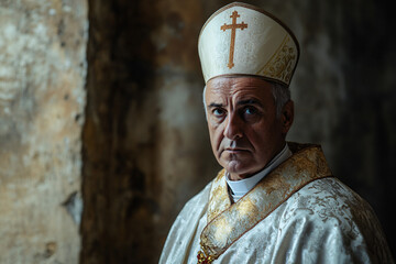 dignified bishop in elaborate gold embroidered vestments and mitre standing in a historic setting with a solemn and contemplative expression  
