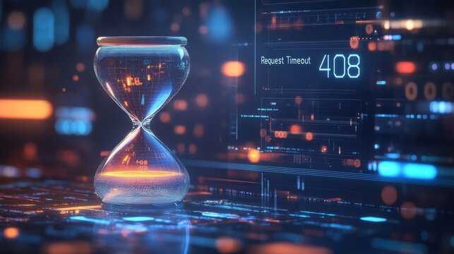 Running hourglass and digital display indicating 408 request timeout error on a tech interface