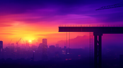 Fototapeta premium A stunning sunset view behind a construction site, showcasing vibrant colors and silhouettes.