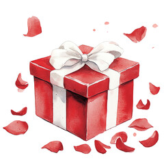 Watercolor red gift box with white ribbon and rose petals.