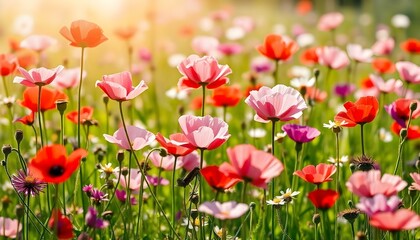 Obraz premium The image showcases a vibrant wildflower field, bursting with color and life. Various flowers, including pink and purple poppies, stand tall among a lush green backdrop. The delicate petals of the flo