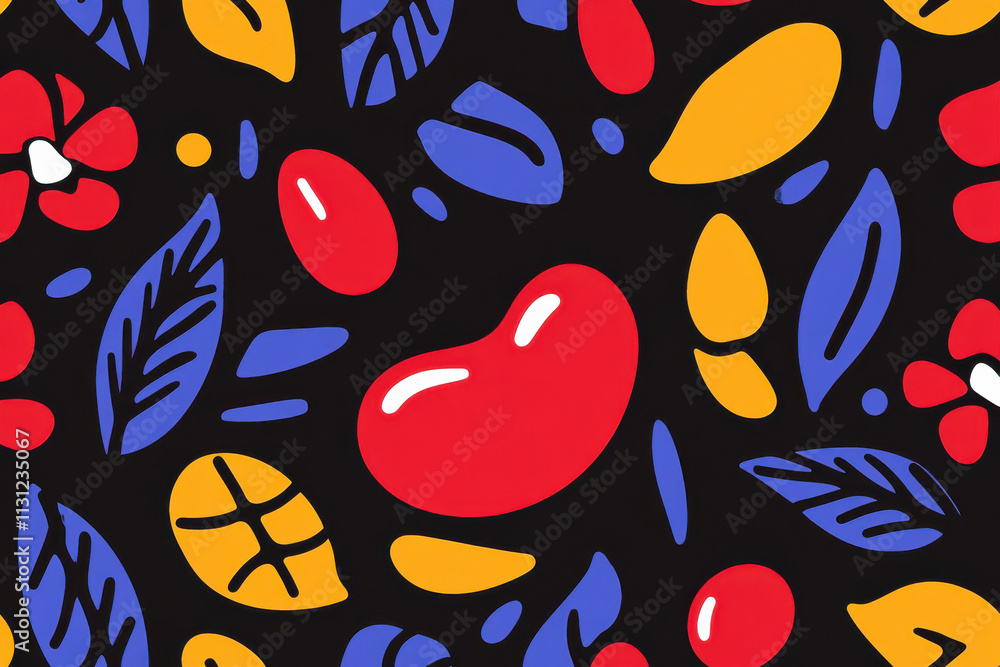 Poster a colorful pattern of fruits and vegetables is displayed on a black background