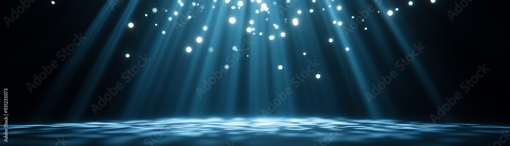 Poster a captivating display of light rays shining through a dark space, creating a mystical scene.