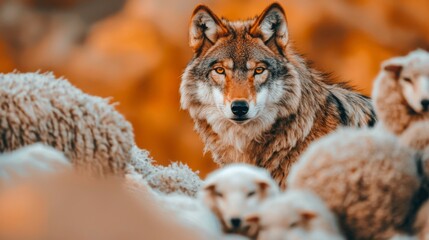 Obraz premium Wolf observing a flock of sheep in a vibrant, natural landscape during twilight hours